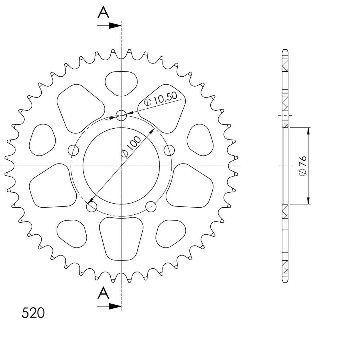 Supersprox Aluminium 520 Pitch Rear Sprocket RAL-7091:39 - (520, 76mm Centre, 100mm PCD)